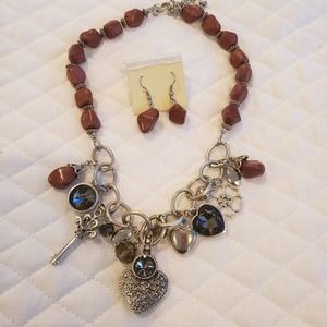 Artisan Handcrafted Heart Statement Necklace Earring Set Beaded Jeweled Silver